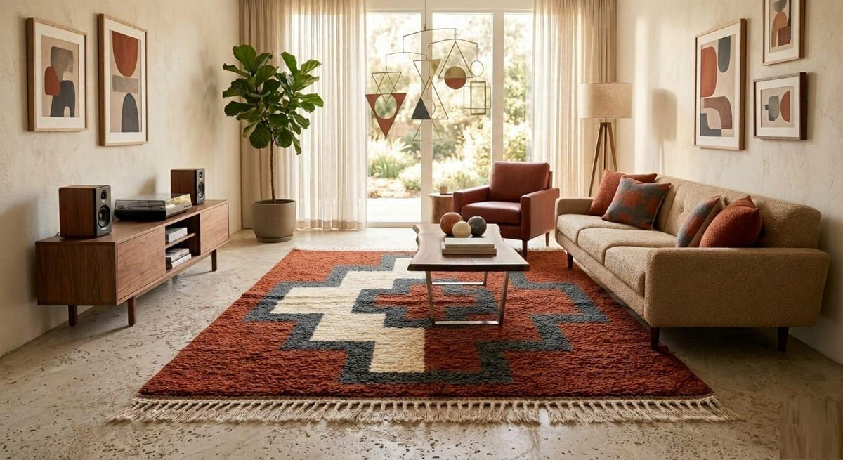 Hand Knotted Wool Area Rug – Rust & Cream Geometric Cross Motif | Free Doorstep Delivery to USA (Made to Order)