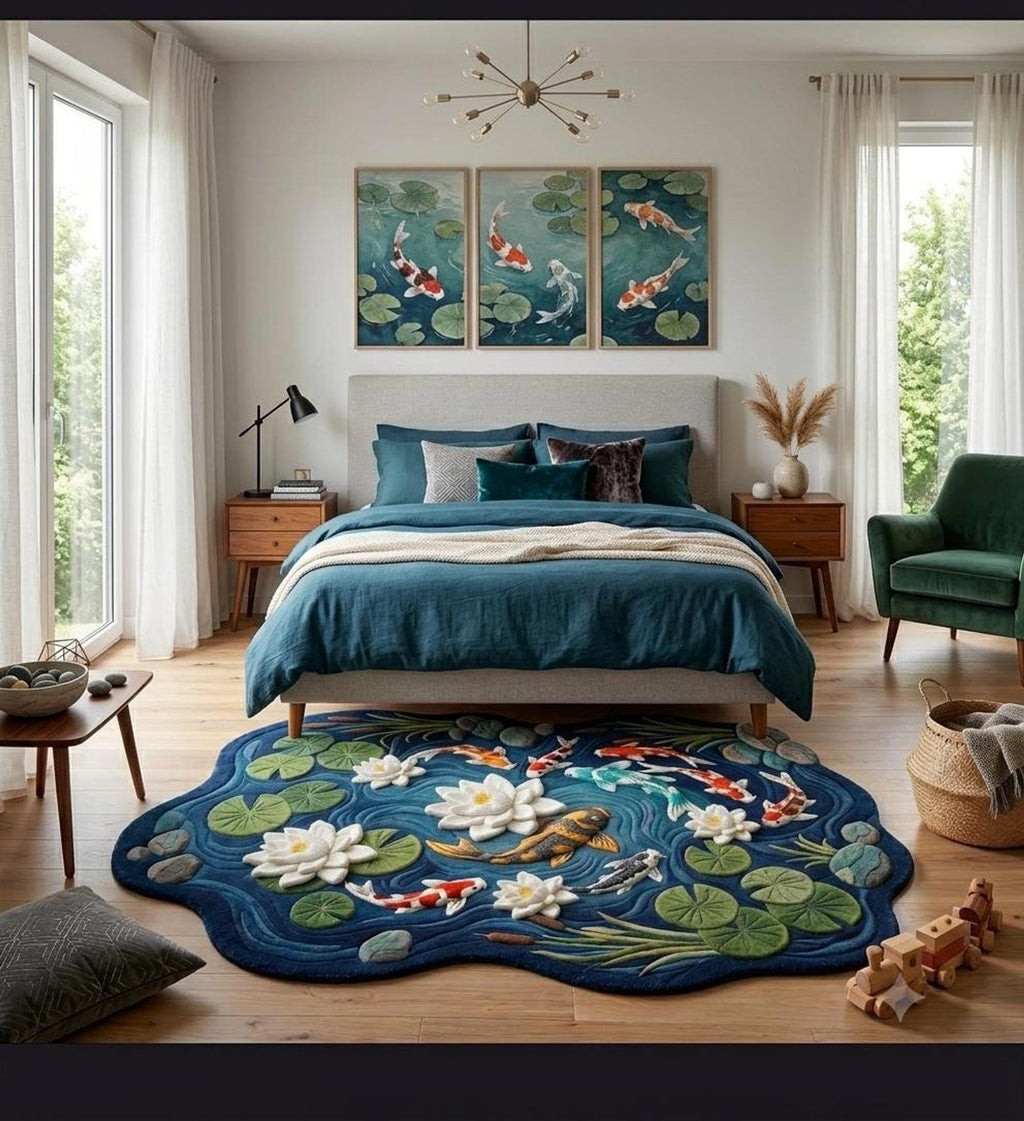 Koi Fish Area Rug, Irregular Shape Mat for Zen Bedrooms, Hand-Carved Wool Lotus Pond Design | Made to Order