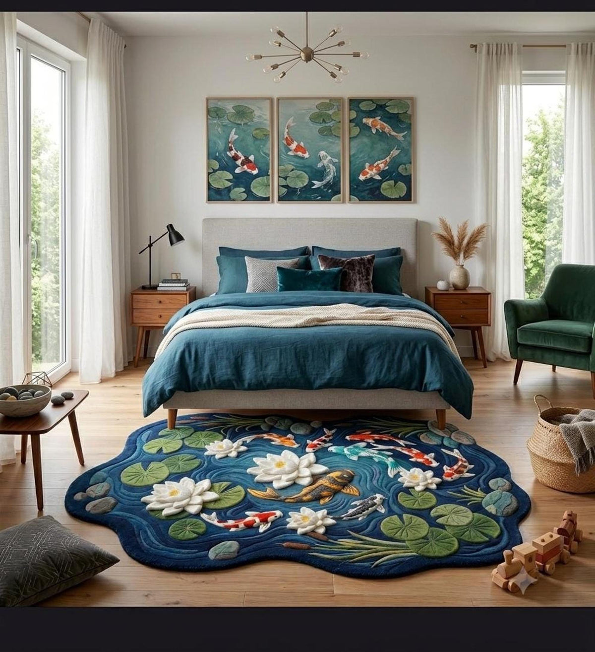 Koi Fish Area Rug, Irregular Shape Mat for Zen Bedrooms, Hand-Carved Wool Lotus Pond Design | Made to Order