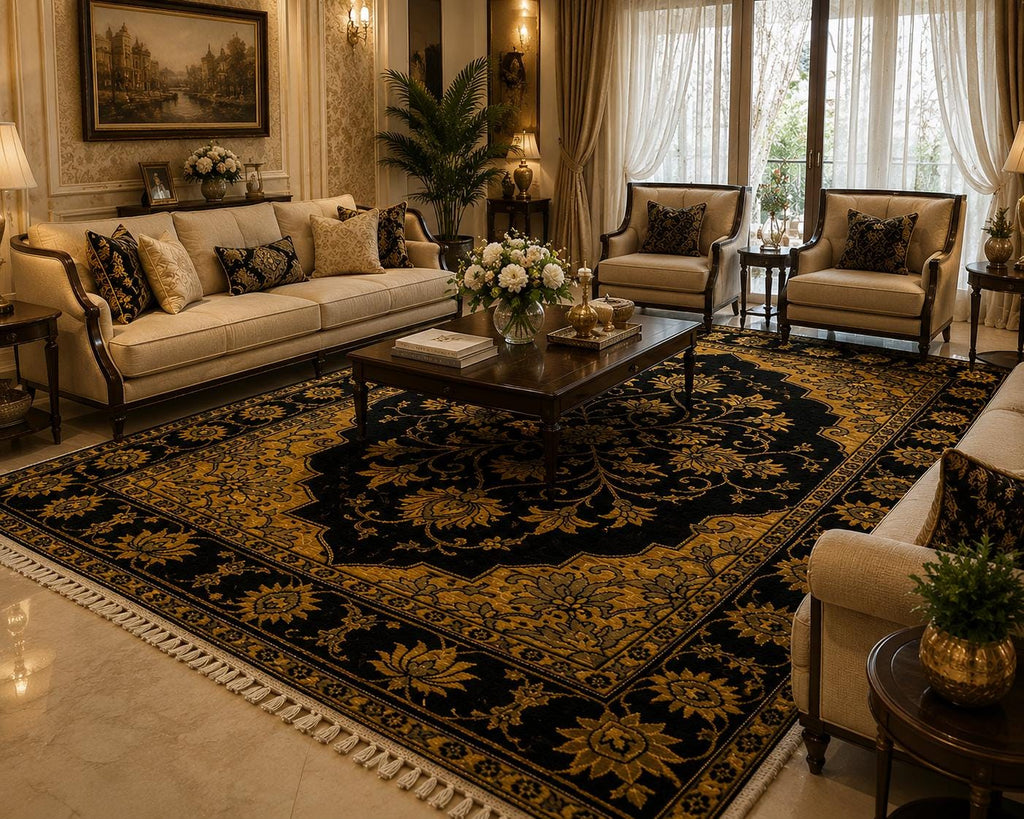 Hand Knotted Wool Area Rug – Black & Gold Floral Oriental | Free Doorstep Delivery to USA (Made to Order)