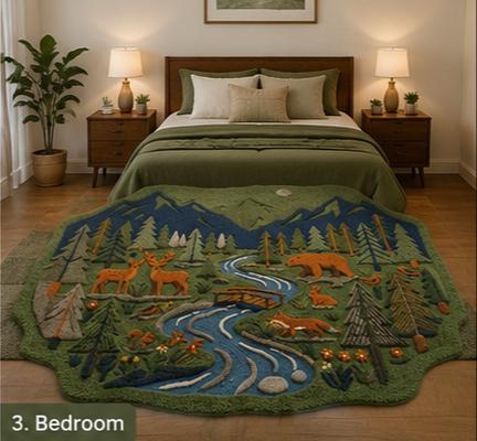 Hand-Carved Wool Forest Wildlife Rug – Mountain Stream, Deer, Bear, Fox Scene | Made to Order