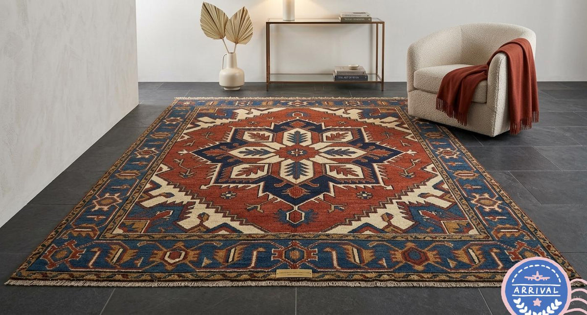 Hand Knotted Wool Area Rug – Indian Star Medallion in Terracotta & Navy Blue | Free Doorstep Delivery to USA (Made to Order)