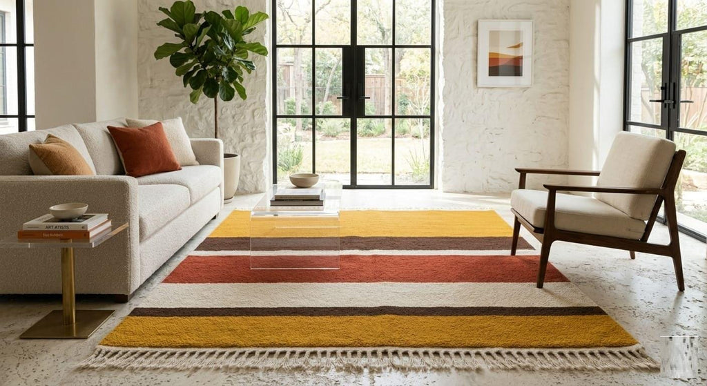 Hand Knotted Wool Area Rug – Mustard, Rust & Cream Modern Stripes | Free Doorstep Delivery to USA (Made to Order)