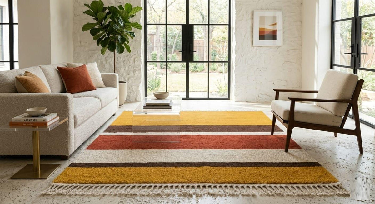 Hand Knotted Wool Area Rug – Mustard, Rust & Cream Modern Stripes | Free Doorstep Delivery to USA (Made to Order)