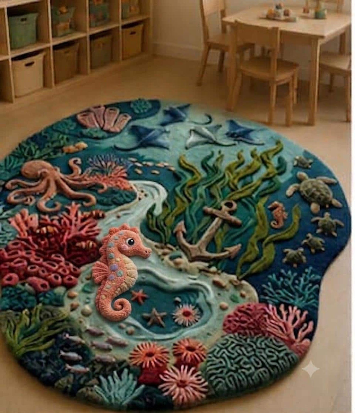 3D Ocean Area Rug, Hand-Tufted Wool Reef Scene, Octopus and Sea Turtle Kids Decor | 100% New Zealand Wool | Made to Order