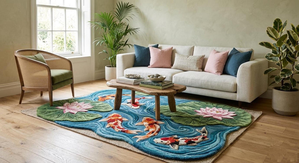 Koi Fish Pond Rug, 3D Lotus Carpet, Japanese Decor Floor Mat | Made to Order