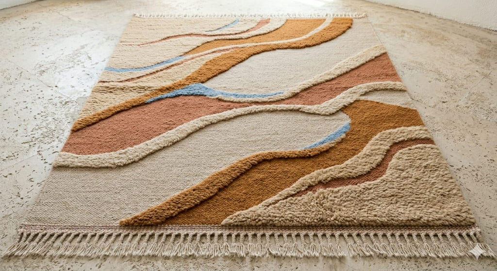 Handcrafted in India Abstract Wave Wool Rug – 3D Carved Topographical Sand Dune Area Carpet | Made to Order