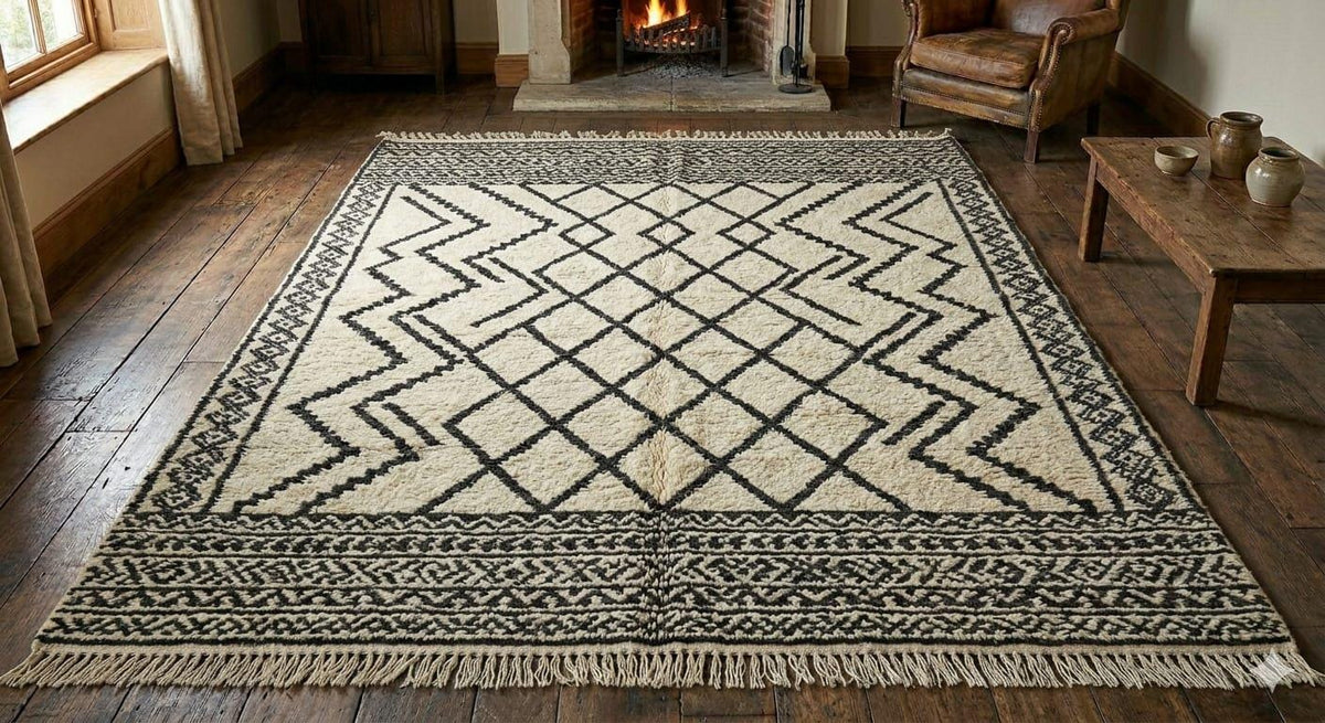 Hand Knotted Wool Area Rug – Black & Cream Fringed Farmhouse Style | Free Doorstep Delivery to USA (Made to Order)