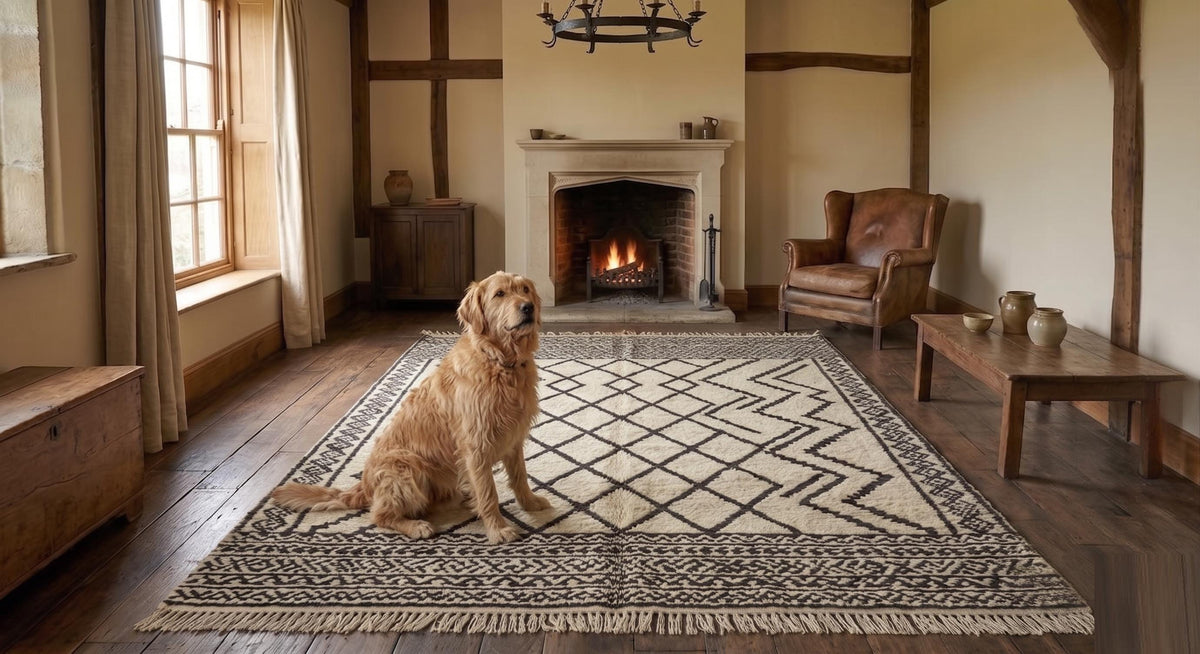 Hand Knotted Wool Area Rug – Black & Cream Fringed Farmhouse Style | Free Doorstep Delivery to USA (Made to Order)