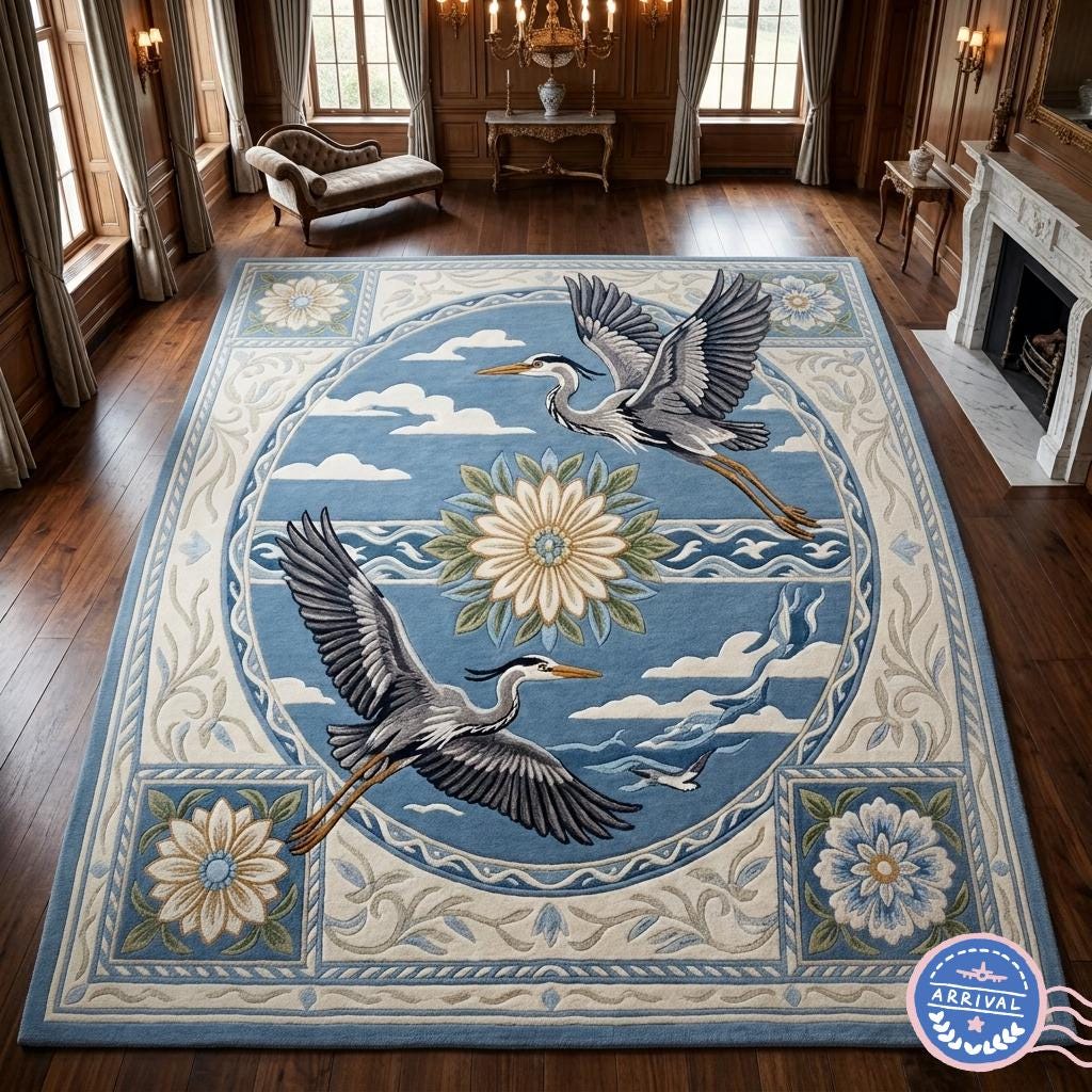 Flying Herons Baroque Border Rug – Ochre Gold & Slate Blue | 100% New Zealand Wool | Made to Order