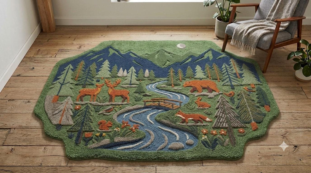 Hand-Carved Wool Forest Wildlife Rug – Mountain Stream, Deer, Bear, Fox Scene | Made to Order