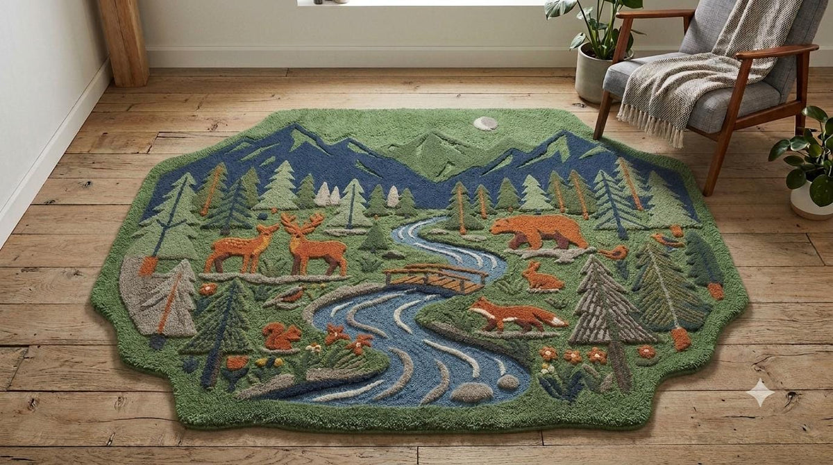 Hand-Carved Wool Forest Wildlife Rug – Mountain Stream, Deer, Bear, Fox Scene | Made to Order
