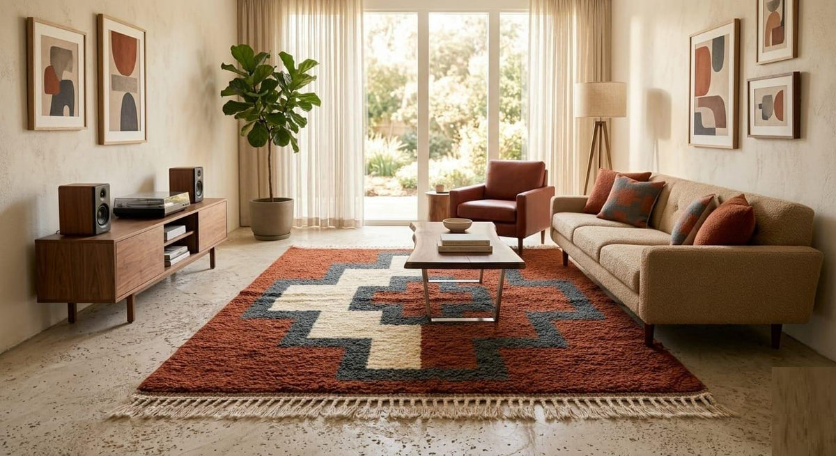 Hand Knotted Wool Area Rug – Rust & Cream Geometric Cross Motif | Free Doorstep Delivery to USA (Made to Order)