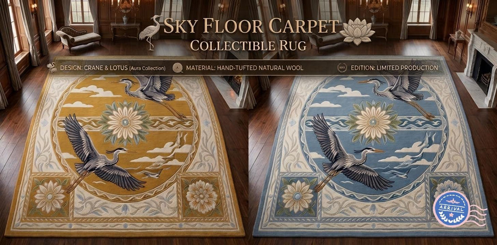 Flying Herons Baroque Border Rug – Ochre Gold & Slate Blue | 100% New Zealand Wool | Made to Order