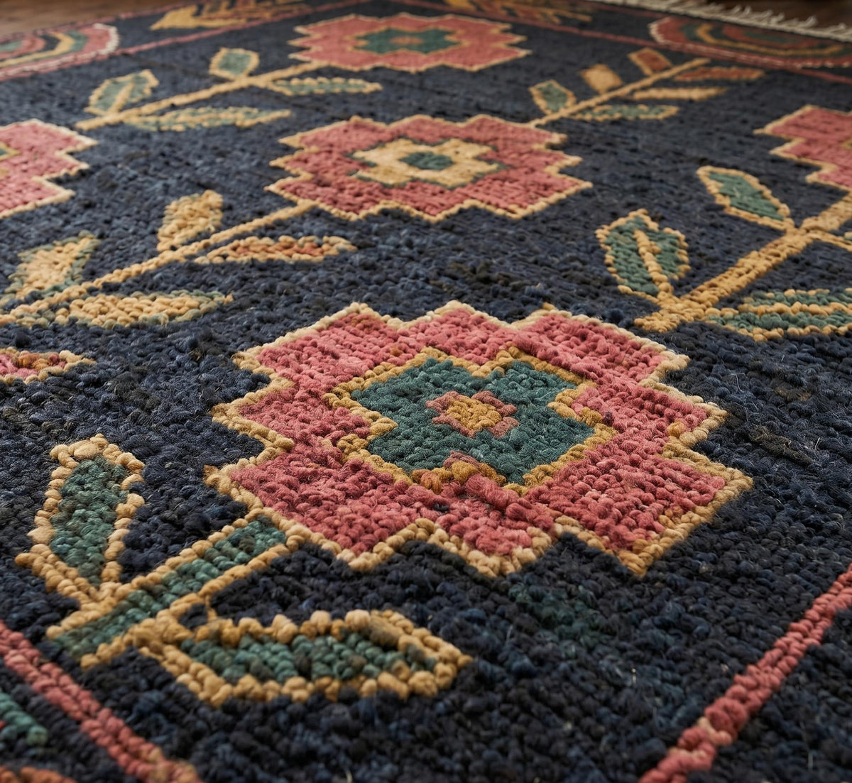 Hand Knotted Wool Area Rug – Dark Floral Geometric with Intricate Border | Free Doorstep Delivery to USA (Made to Order)