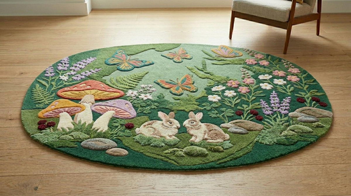 Oval Woodland Rug, Bunny Mushroom Meadow, Hand-Tufted Wool Nursery Decor | Made to Order