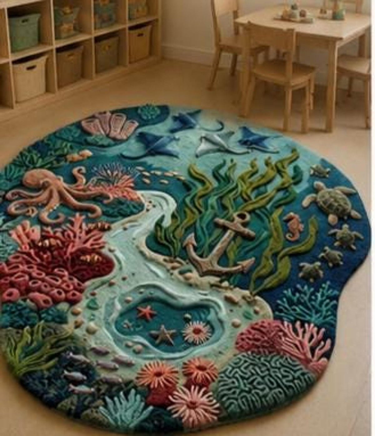 3D Ocean Area Rug, Hand-Tufted Wool Reef Scene, Octopus and Sea Turtle Kids Decor | 100% New Zealand Wool | Made to Order