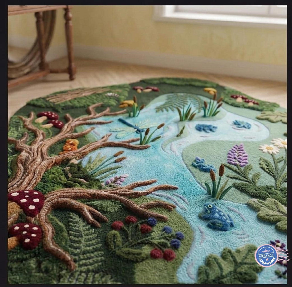 Woodland Nursery Rug, Hand-Carved Wool Forest Pond, Irregular Shape Mat for Kids | Made to Order