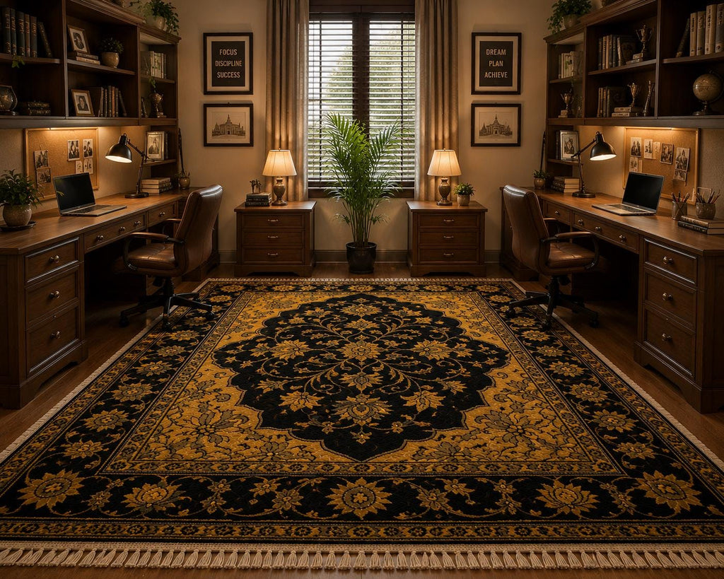 Hand Knotted Wool Area Rug – Black & Gold Floral Oriental | Free Doorstep Delivery to USA (Made to Order)