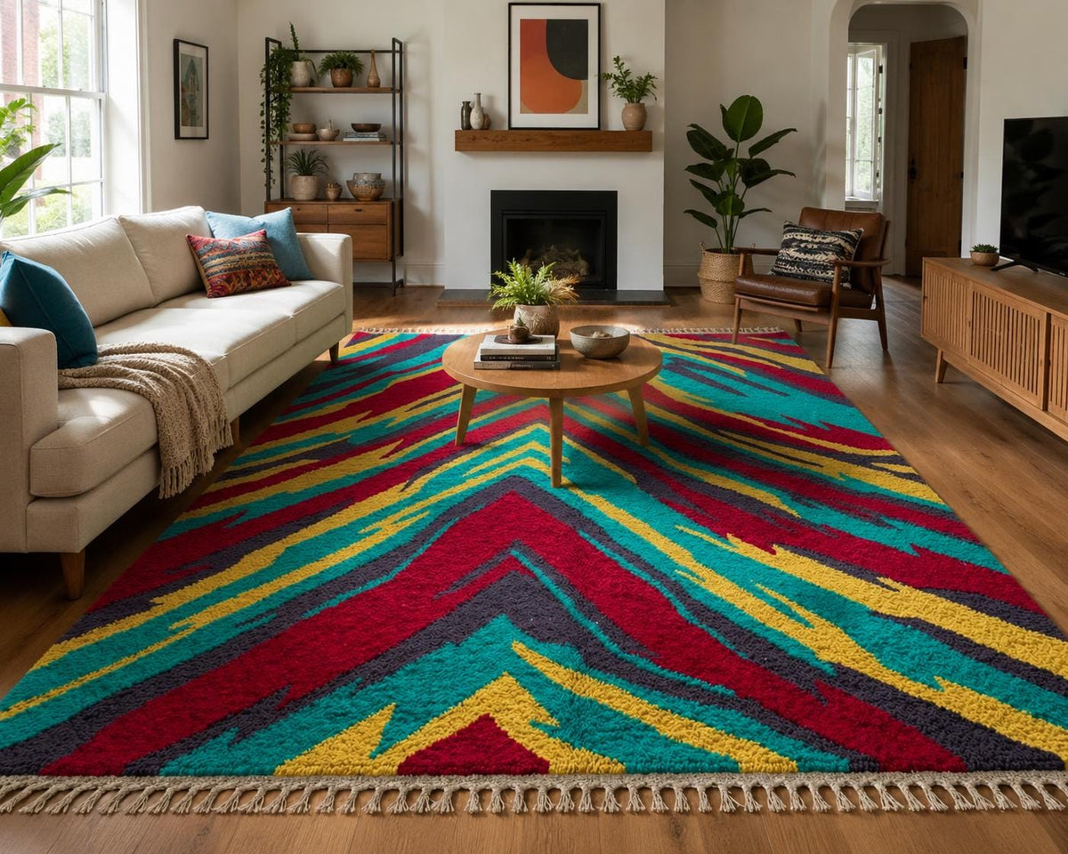 Hand Knotted Wool Area Rug – Shaggy Abstract Chevron | Free Doorstep Delivery to USA (Made to Order)