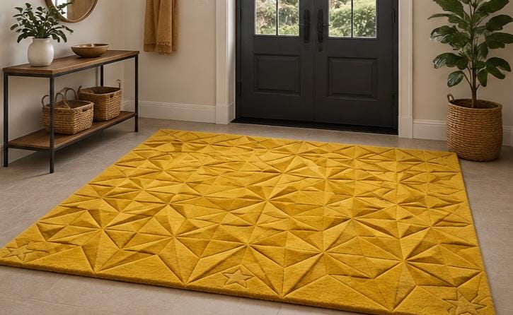 Modern 3D Sculpted Geometric Origami Hand-Tufted Rug - Mustard Yellow Ochre Gold Triangular Lattice Carpet