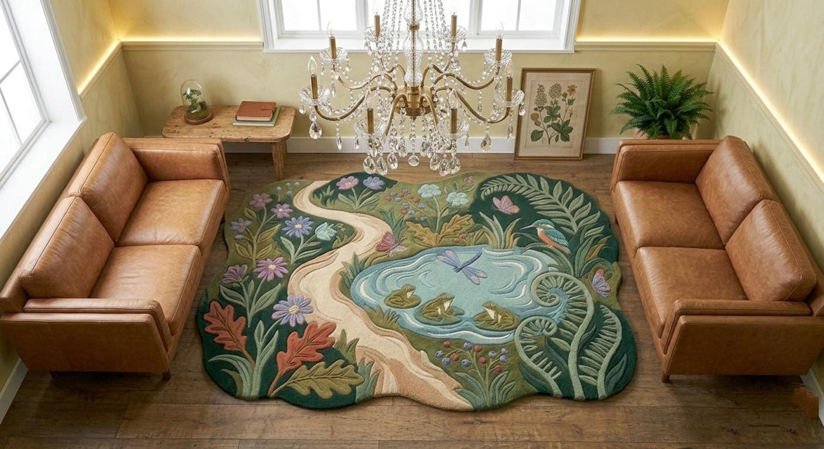 Frog Pond Rug, Cottagecore Mat, Hand-Tufted Wool Woodland Scene | Made to Order