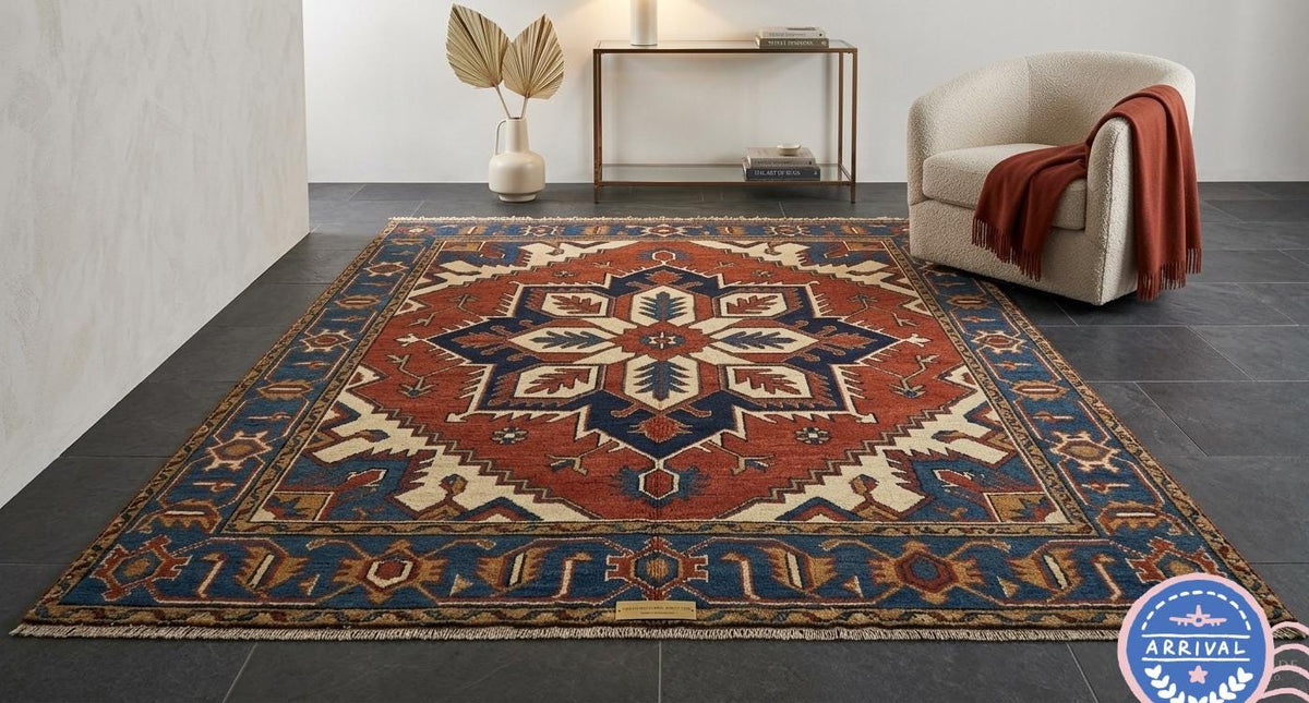 Hand Knotted Wool Area Rug – Indian Star Medallion in Terracotta & Navy Blue | Free Doorstep Delivery to USA (Made to Order)