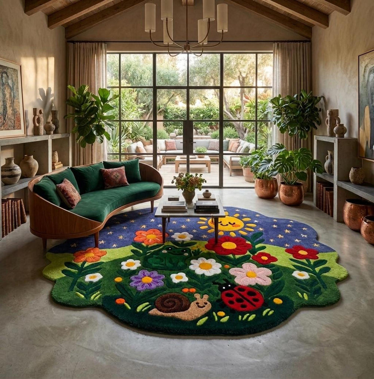 Whimsical Garden Rug, Hand-Tufted Wool Floor Art, 3D Carved Ladybug and Frog Details | Made to Order
