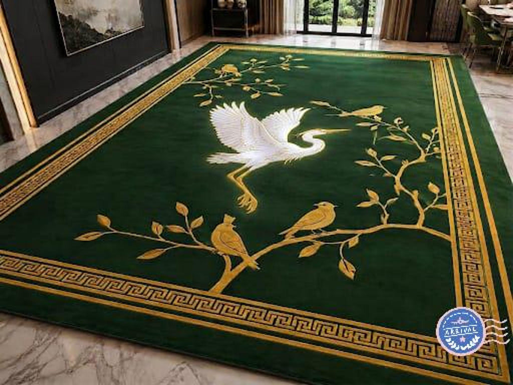 Chinoiserie Crane Rug, Hand-Tufted Emerald Carpet, Gold Songbird Accent | 100% New Zealand Wool | Made to Order