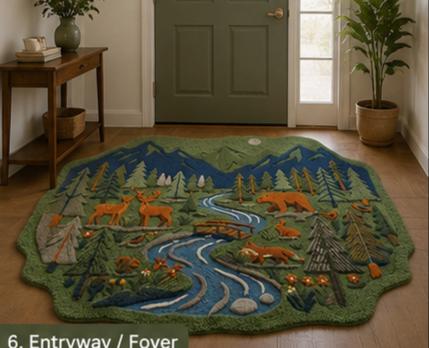 Hand-Carved Wool Forest Wildlife Rug – Mountain Stream, Deer, Bear, Fox Scene | Made to Order