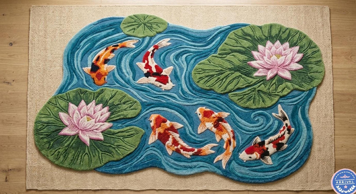 Koi Fish Pond Rug, 3D Lotus Carpet, Japanese Decor Floor Mat | Made to Order
