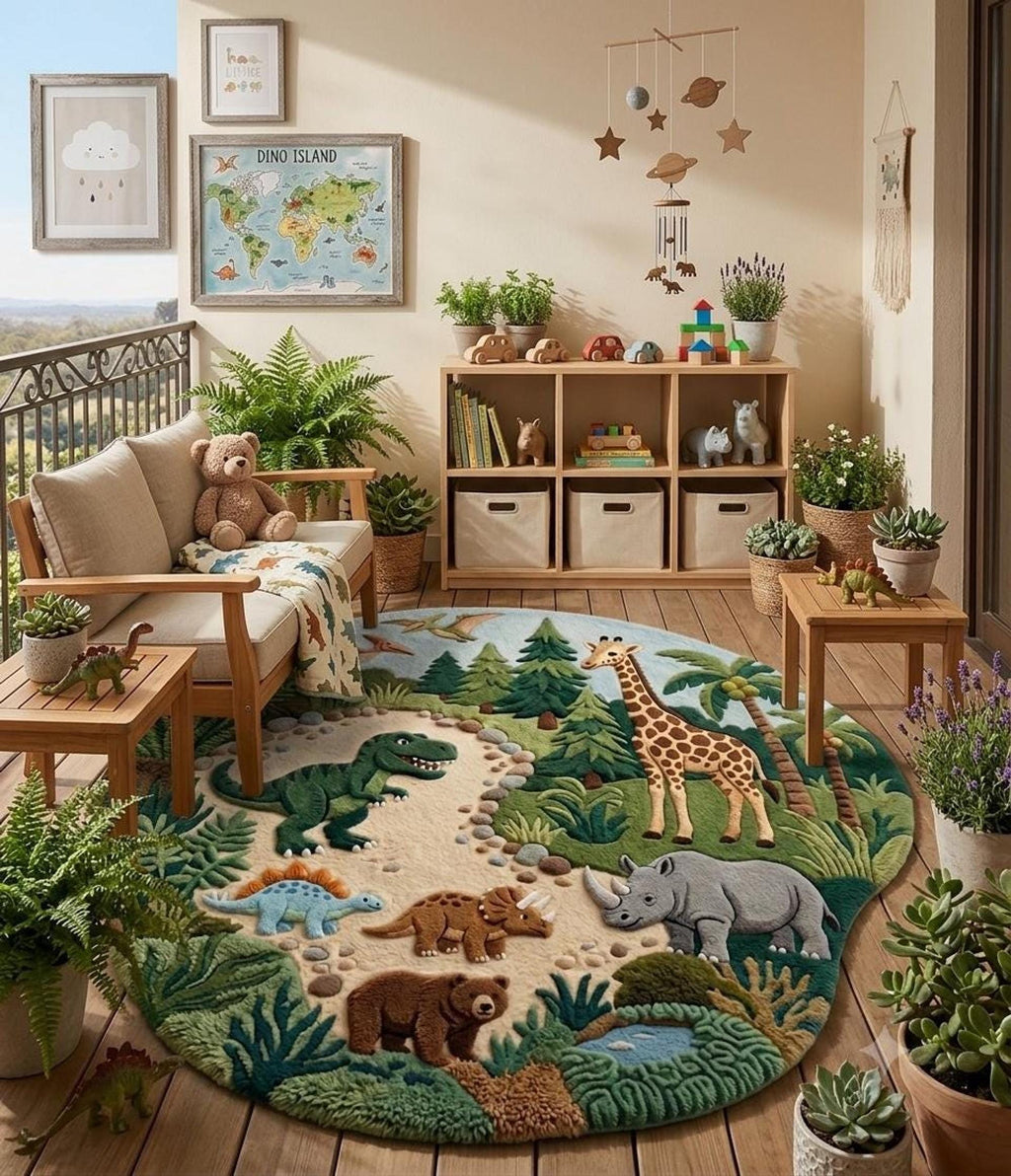 3D Dinosaur Rug, Prehistoric Nursery Playroom Decor, Hand-Tufted Wool Floor Mat | 100% New Zealand Wool | Made to Order