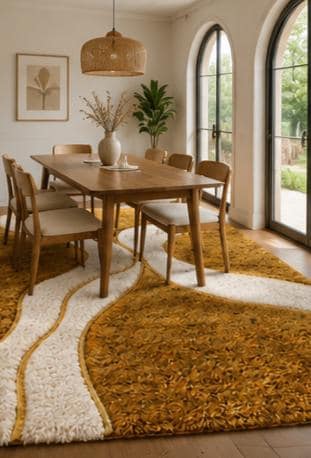 Handcrafted Wool Shag Rug – Mustard Gold Wavy Line Area Carpet | 100% Wool | Made to Order