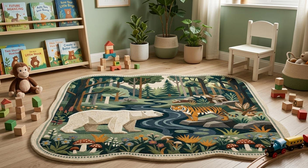 Hand-Made Wool Rug – Polar Bear Tiger Forest Scenery, Scalloped Edge Carpet | 100% New Zealand Wool | Made to Order