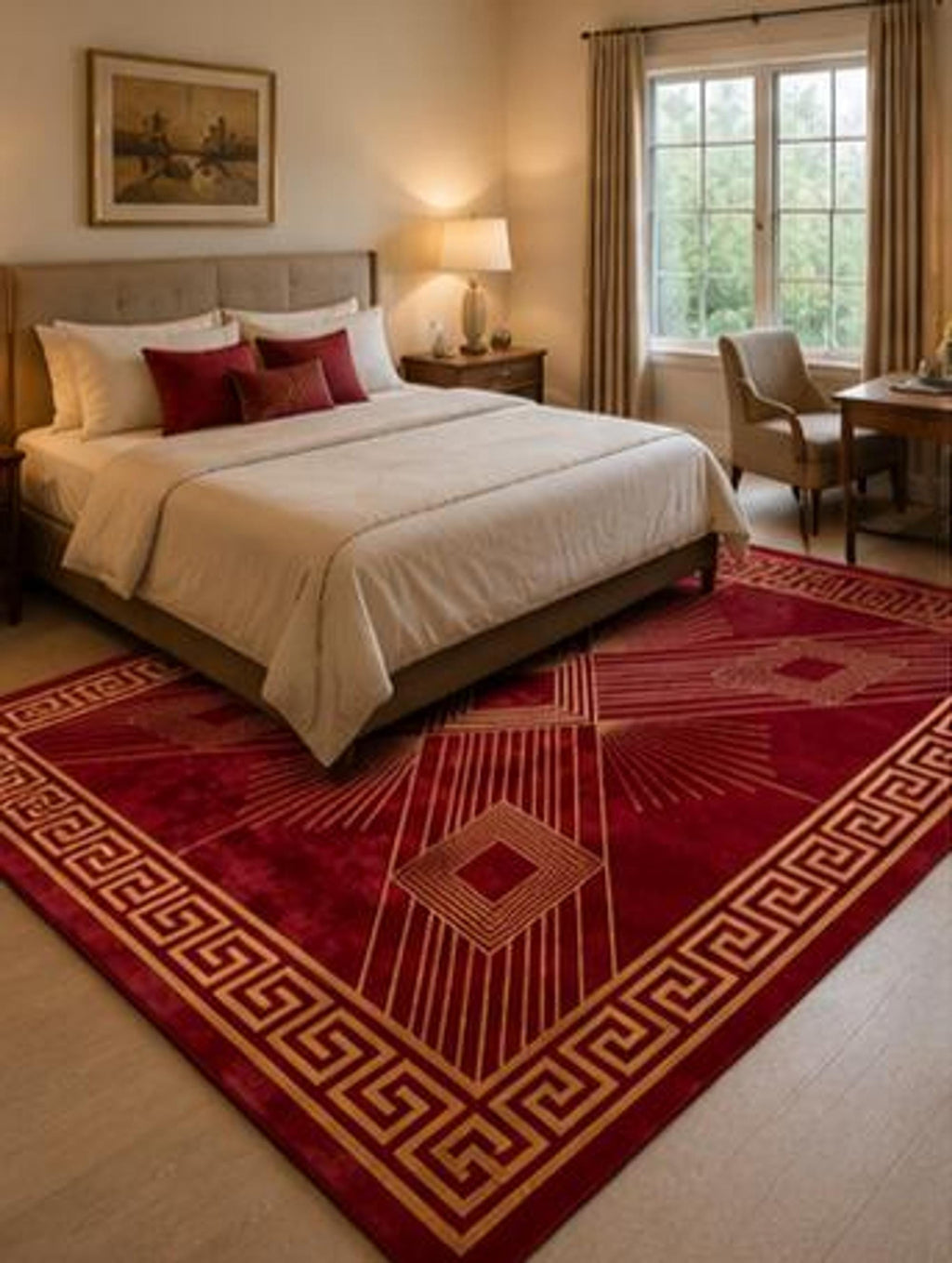 Red Geometric Area Rug, Art Deco Crimson and Gold Decor, Hand-Tufted Wool with Greek Key Border | 100% New Zealand Wool | Made to Order