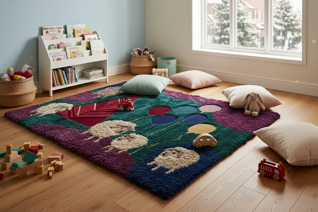 Handmade Moss Rug – Christmas Tree with Sheep & Balloons | Festive Wool Rug