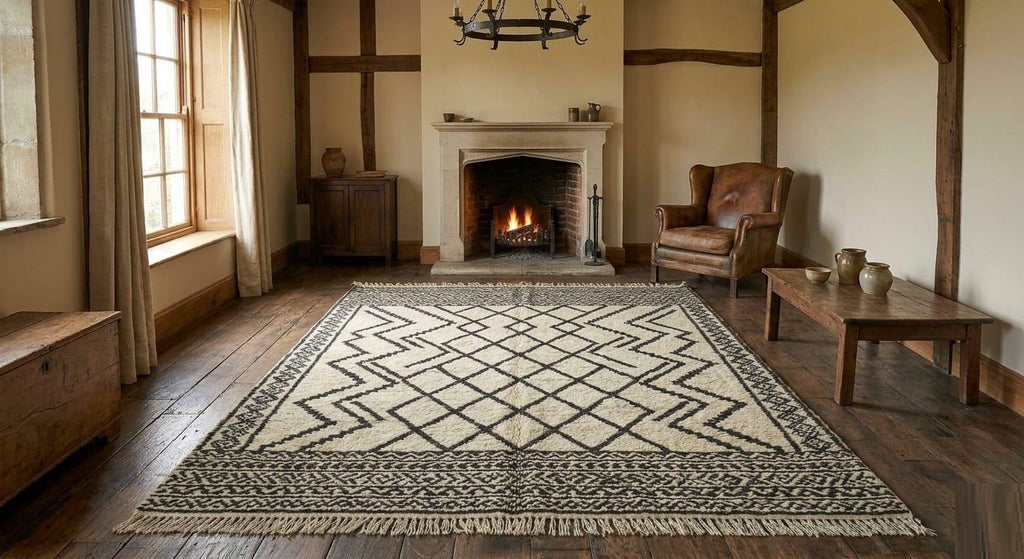 Hand Knotted Wool Area Rug – Black & Cream Fringed Farmhouse Style | Free Doorstep Delivery to USA (Made to Order)