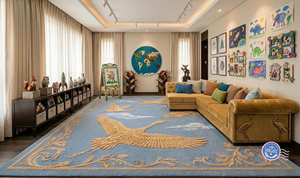 Blue Chinoiserie Rug, Hand-Tufted Wool With Golden Cranes, Plush High Pile Decor | 100% New Zealand Wool | Made to Order