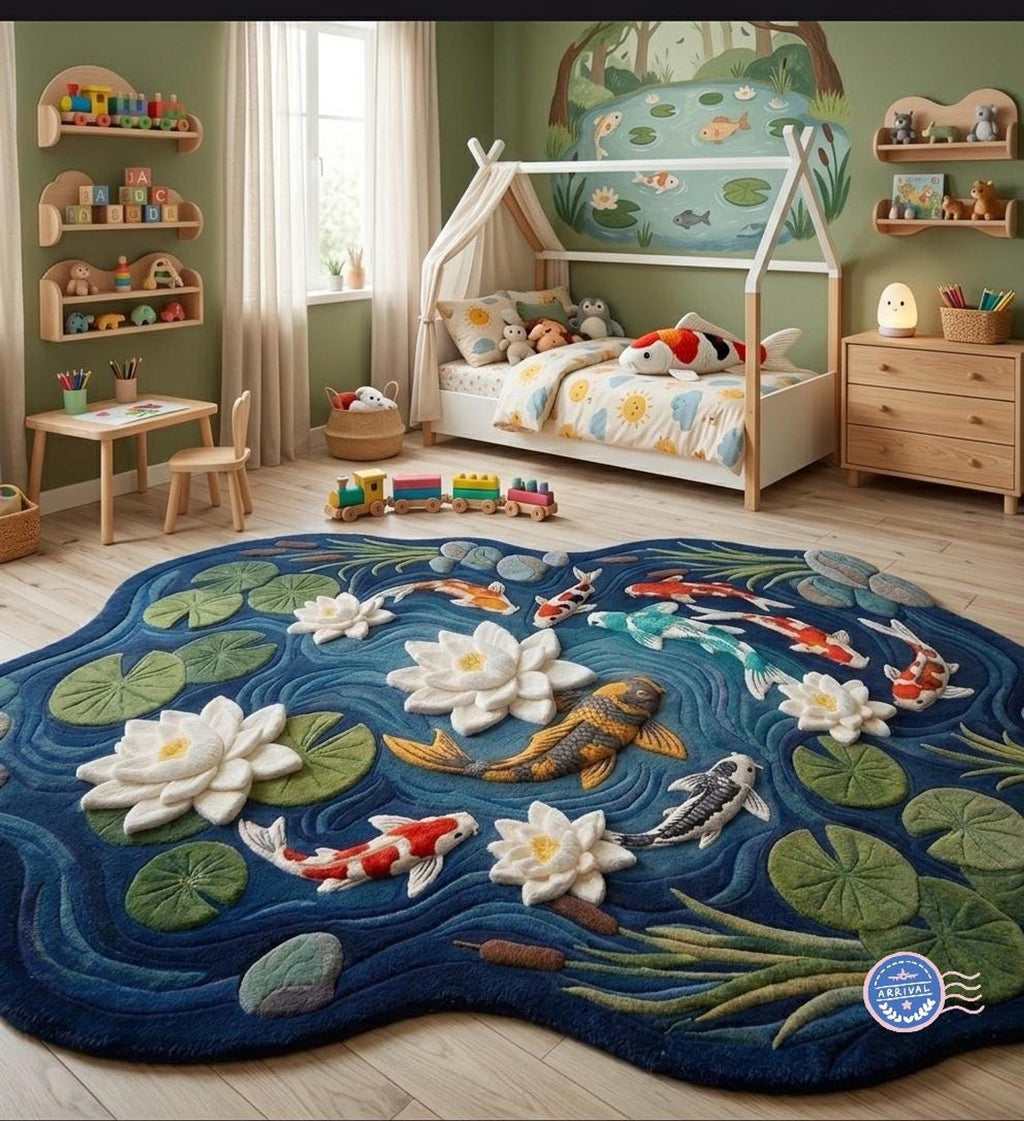 Koi Fish Area Rug, Irregular Shape Mat for Zen Bedrooms, Hand-Carved Wool Lotus Pond Design | Made to Order