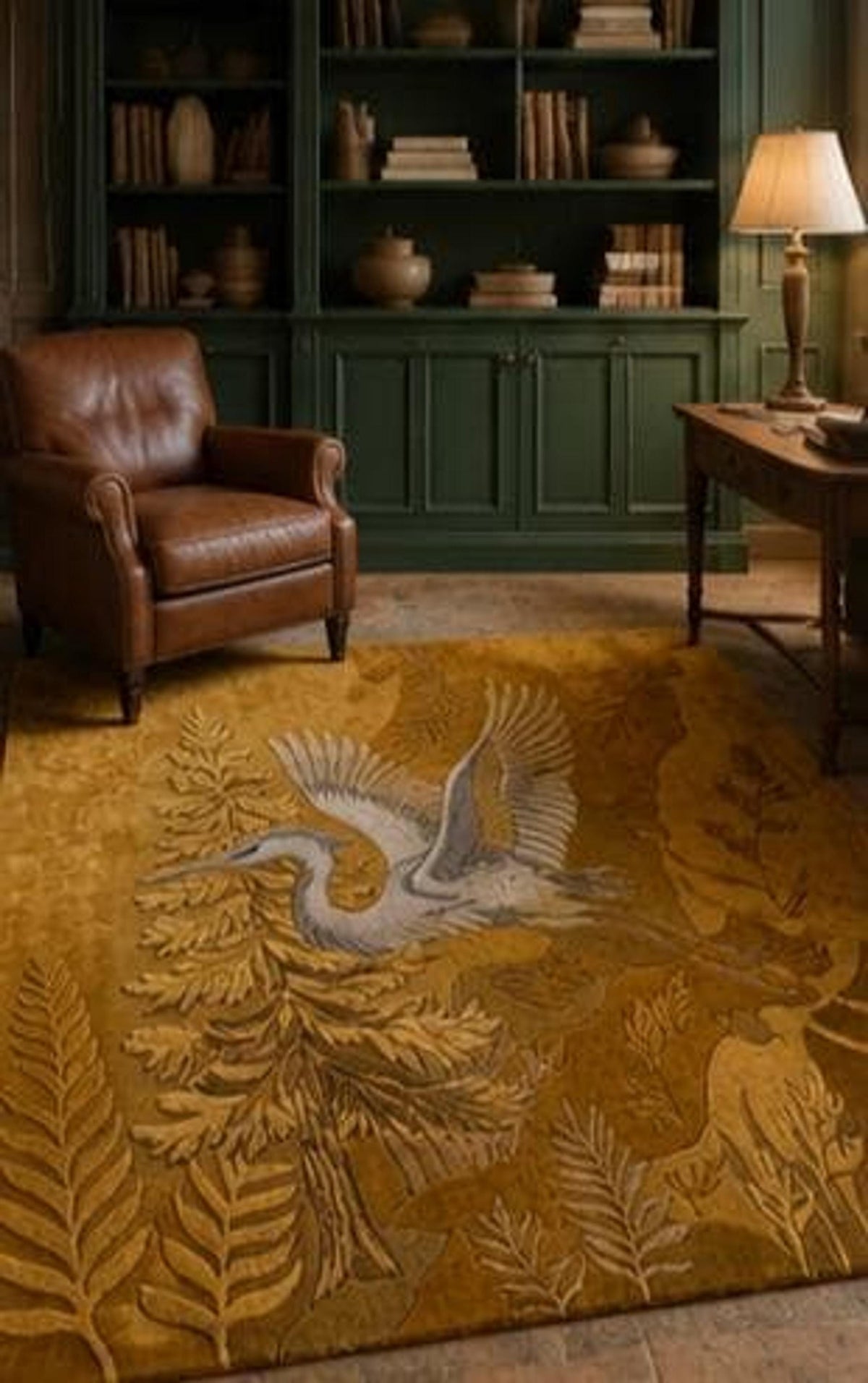 Botanical Heron Mat, Golden Yellow Autumn Home Decor, Sculpted Wool Entryway Accent | 100% New Zealand Wool | Made to Order