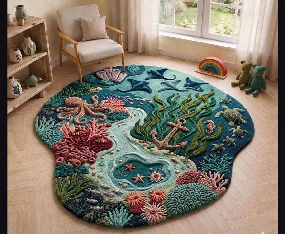 3D Ocean Area Rug, Hand-Tufted Wool Reef Scene, Octopus and Sea Turtle Kids Decor | 100% New Zealand Wool | Made to Order