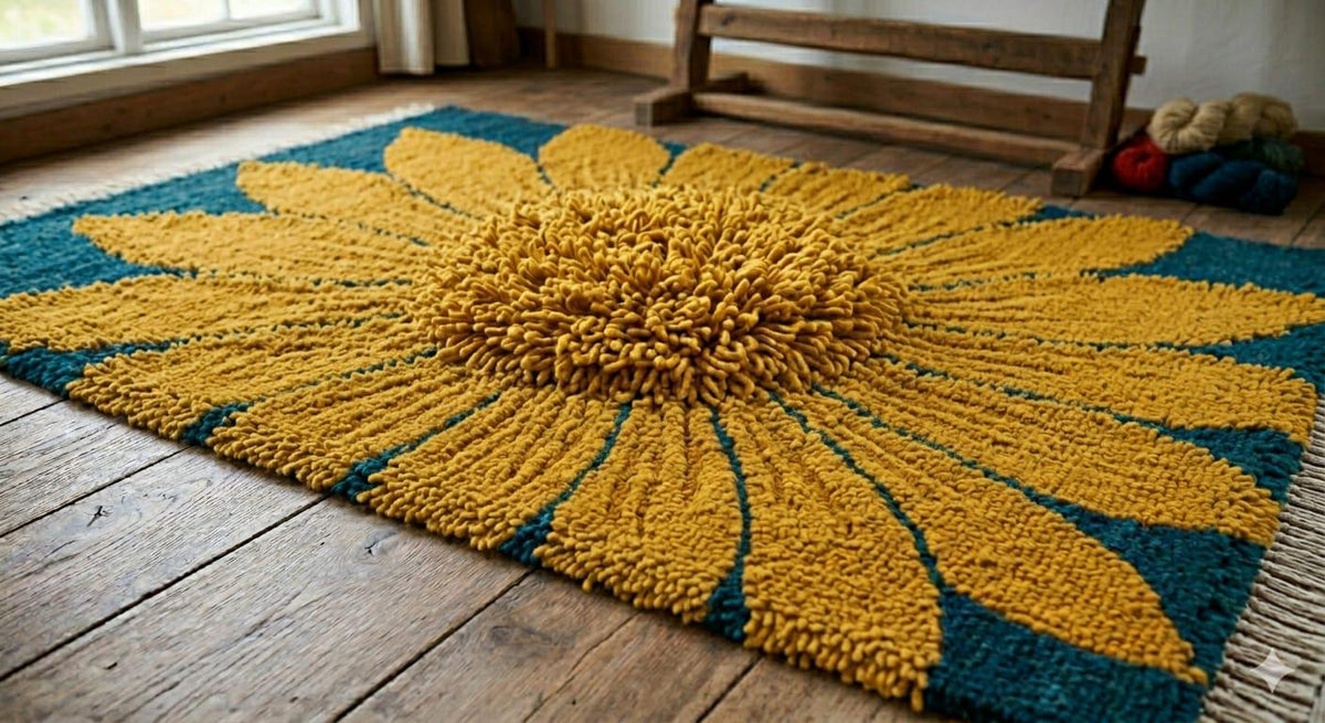 Hand-Tufted Wool Sunflower Rug – 3D Floral Shag Carpet, Mustard Yellow Teal | Made to Order
