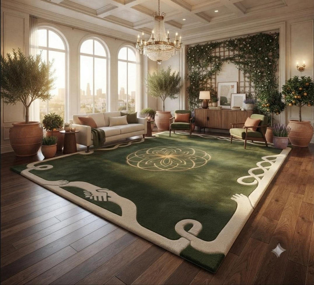 Green Mandala Area Rug, Sacred Geometry Art for Regal Home Decor, Hand-Made Wool Carpet | Made to Order