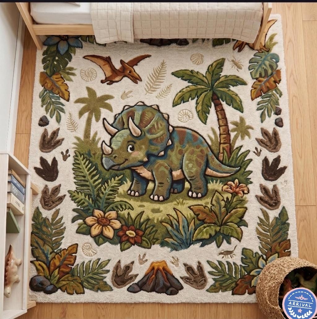 Hand-Made Wool Triceratops Rug – Prehistoric Jungle Kids Playroom Carpet | 100% New Zealand Wool | Made to Order