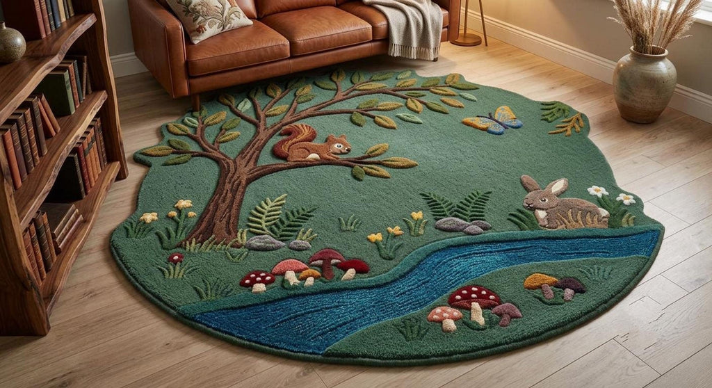 Forest Meadow Rug, Woodland Animal Room Decor, 3D Squirrel and Rabbit Design | 100% New Zealand Wool | Made to Order
