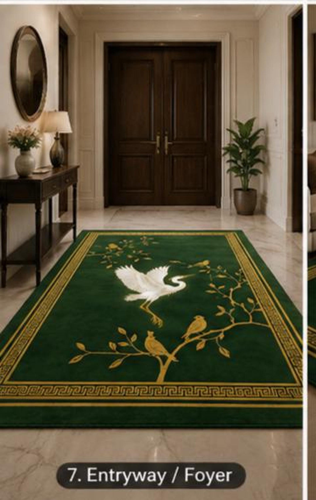 Chinoiserie Crane Rug, Hand-Tufted Emerald Carpet, Gold Songbird Accent | 100% New Zealand Wool | Made to Order