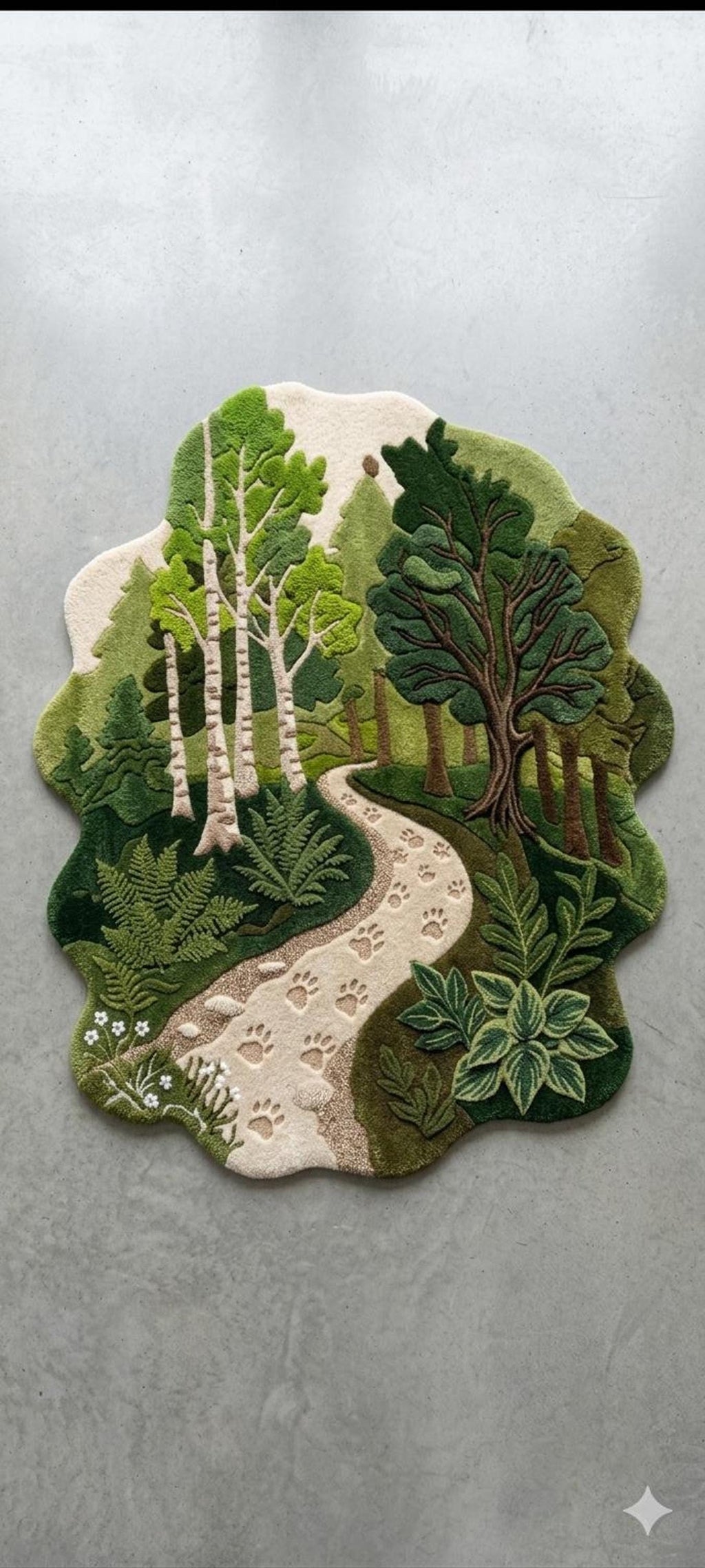 Forest Landscape Rug, Woodland Trail Mat for Nature Lovers, Hand-Carved Birch Trees | 100% New Zealand Wool | Made to Order