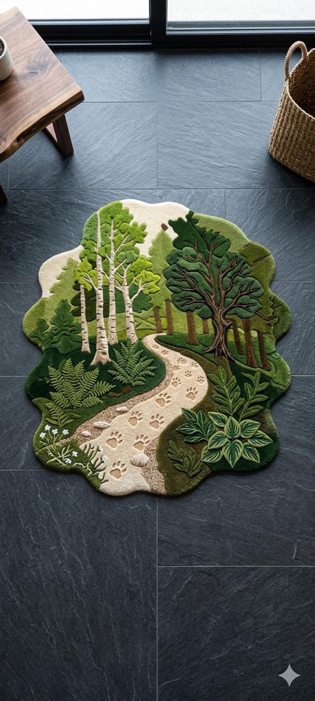 Forest Landscape Rug, Woodland Trail Mat for Nature Lovers, Hand-Carved Birch Trees | 100% New Zealand Wool | Made to Order