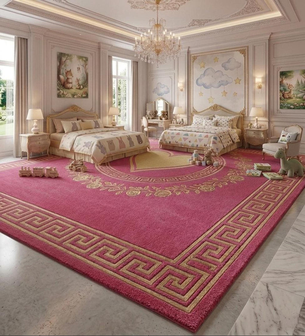 Greek Key Border Rug, Pink Romantic Bedroom Decor, Hand-Tufted Wool Design | 100% New Zealand Wool | Made to Order