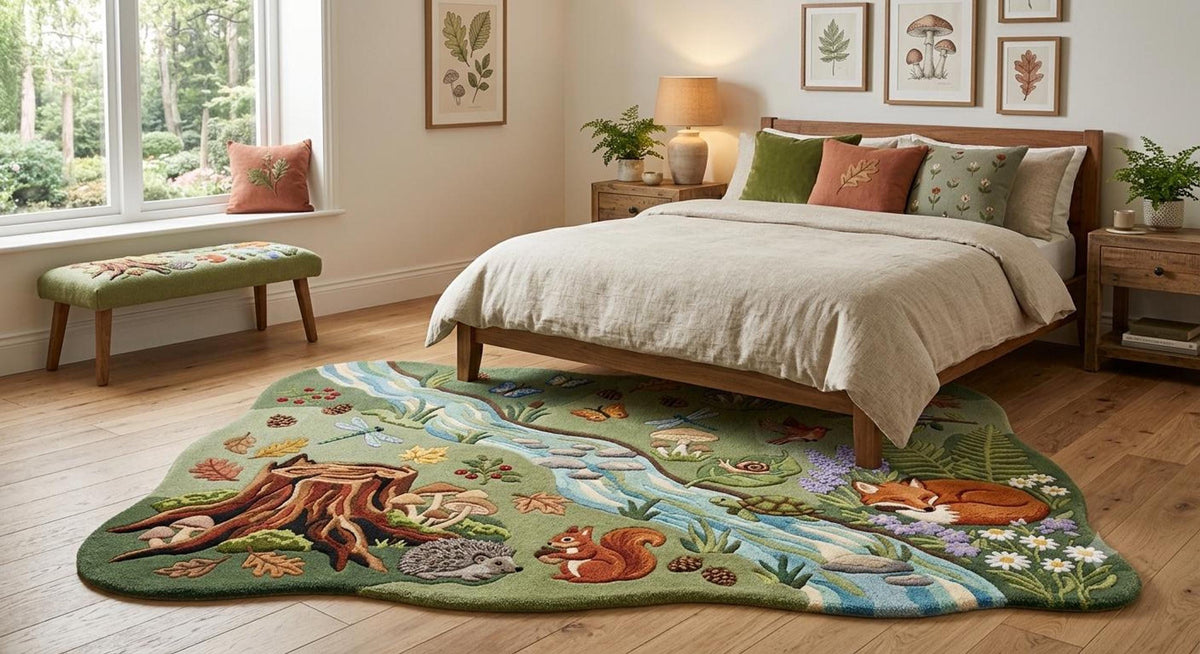 Woodland Animal Area Rug, Meadow Stream Carpet for a Storybook Nursery, Hand-Carved Wool Design | 100% New Zealand Wool | Made to Order